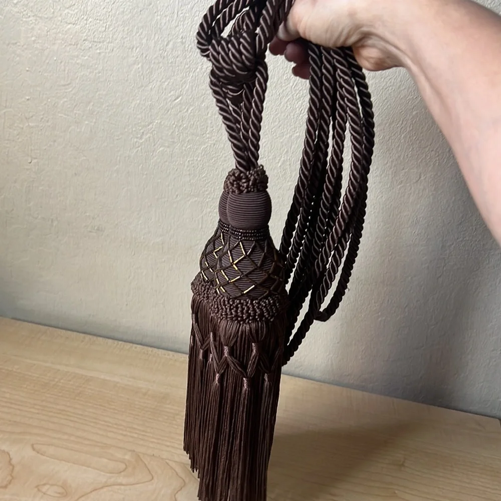Set of 2 brown curtain tie tassels with copper beads detail approx 24” like new